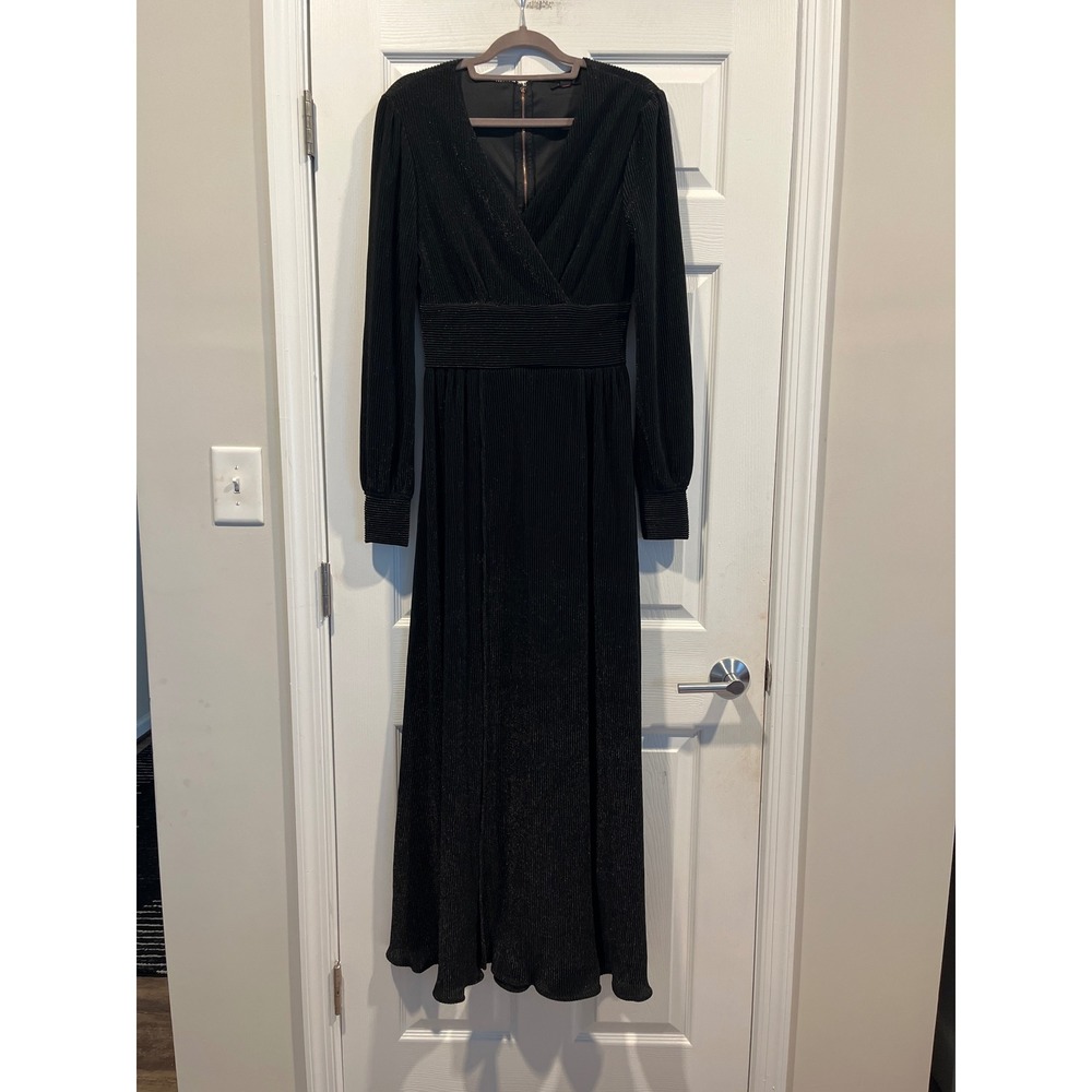 Fiestar Black Metallic Pleated Maxi Dress Long Sleeve V-Neck M